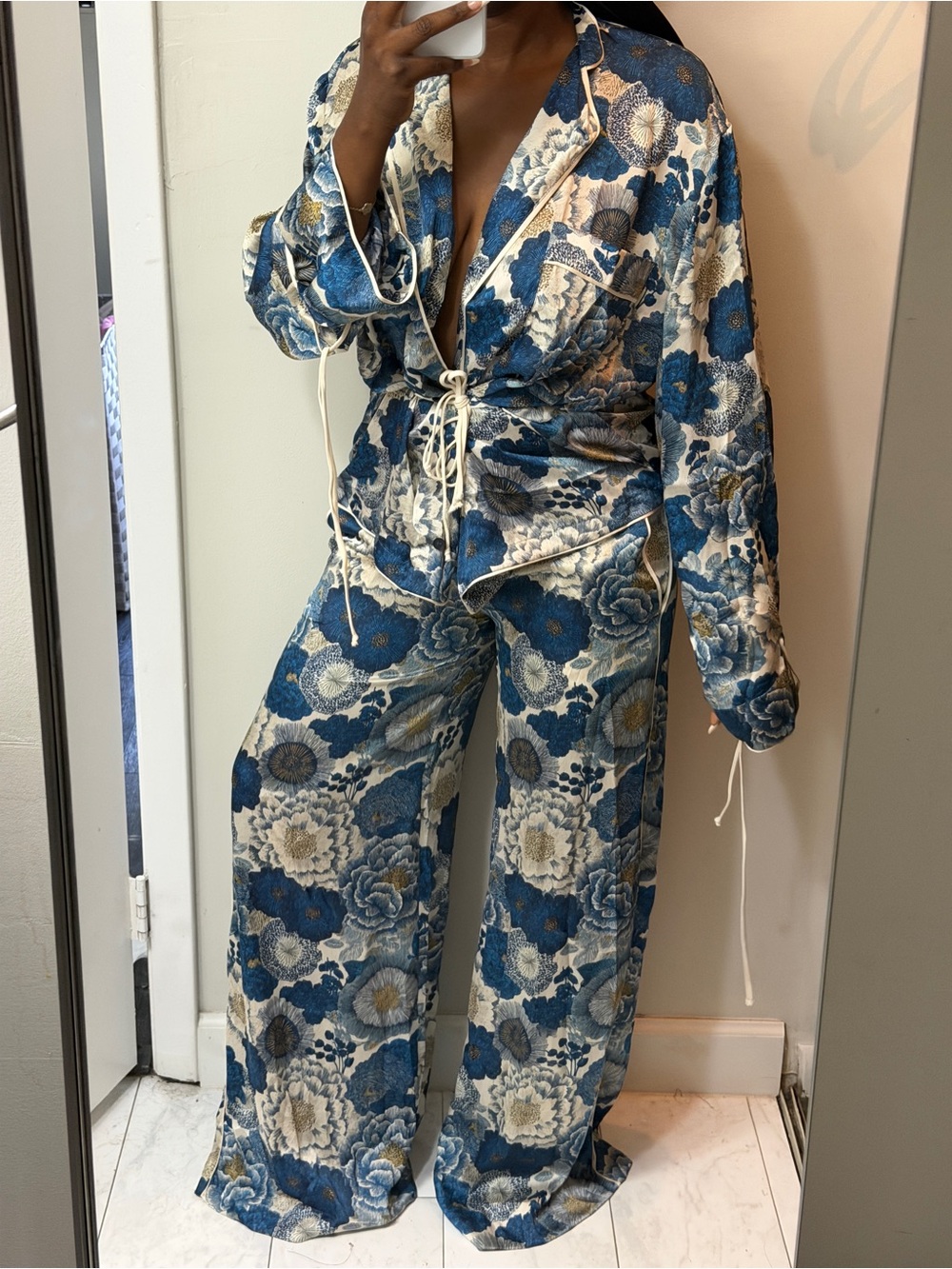 Zara Blue Floral Wide-Leg Pants and Kimono Pants Set - Picture 12 of 15